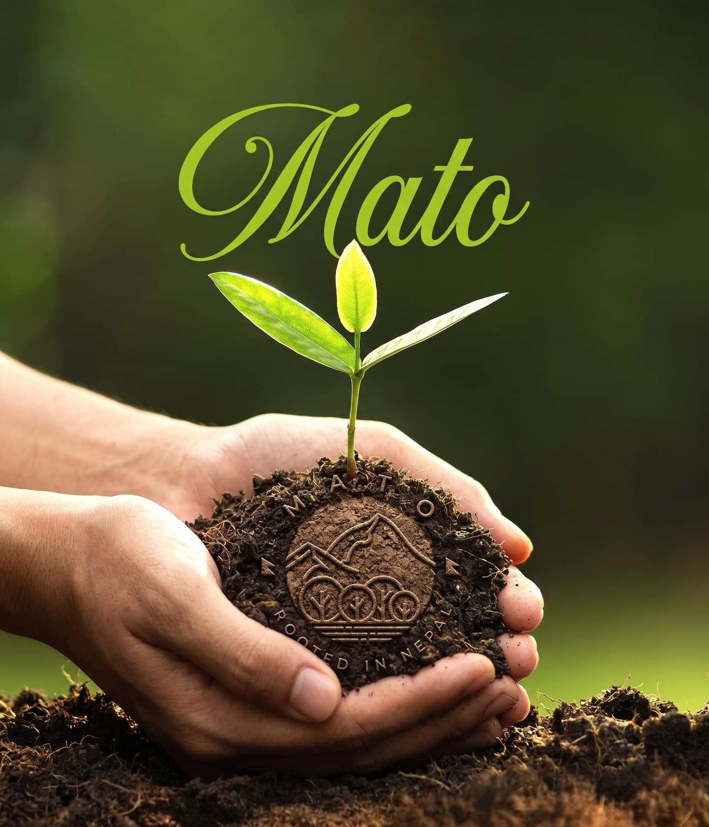 Hands cradling a young seedling in dark soil, with the Mato logo