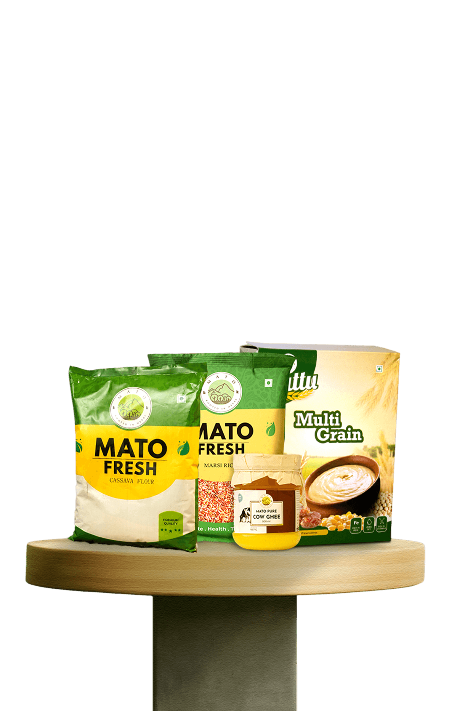 Mato Fresh products displayed on a wooden stand